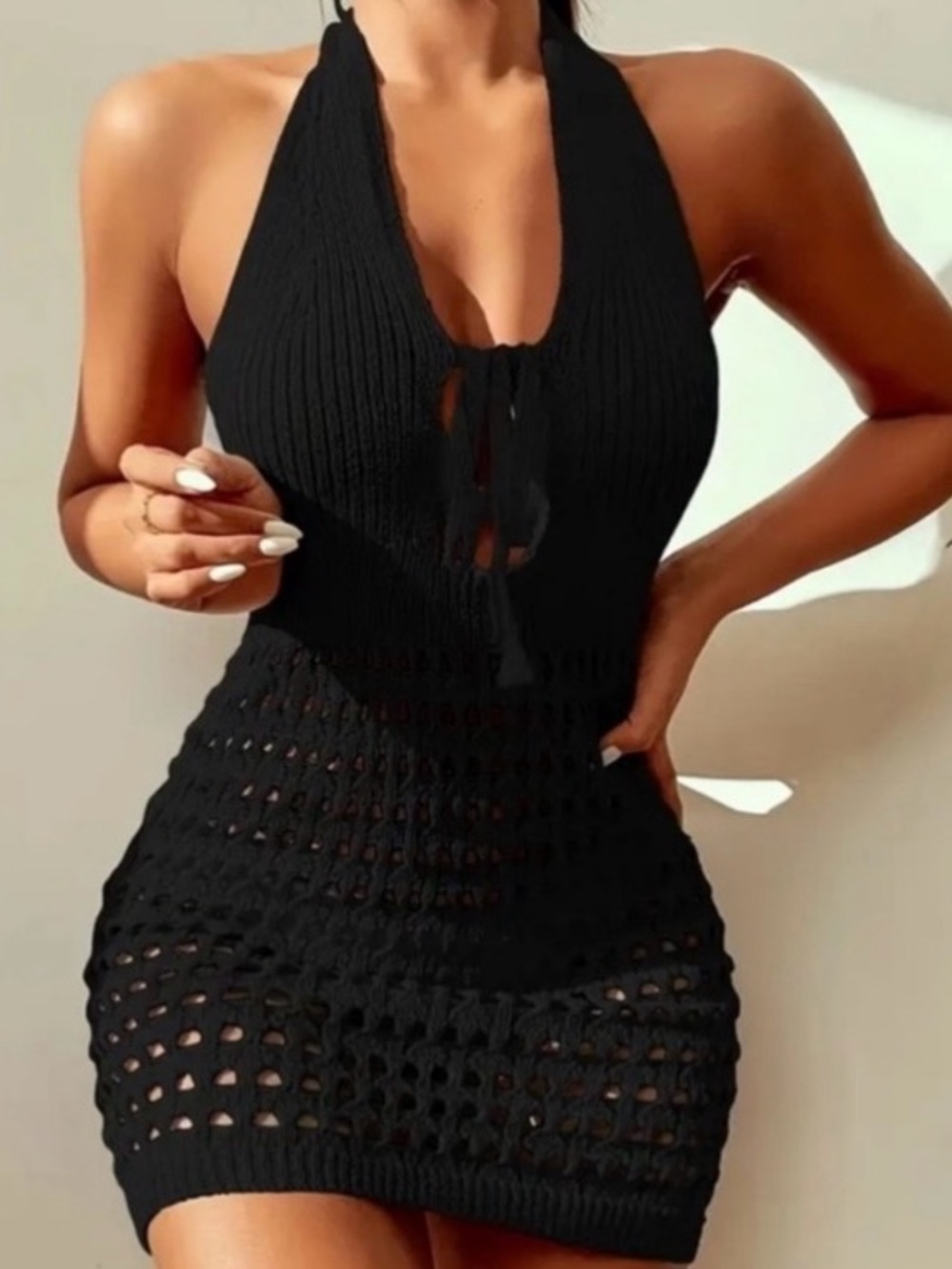 NEW Black Halter Neck Knit Sexy Hollow Out Dress Beach Wear Pool Cover Up